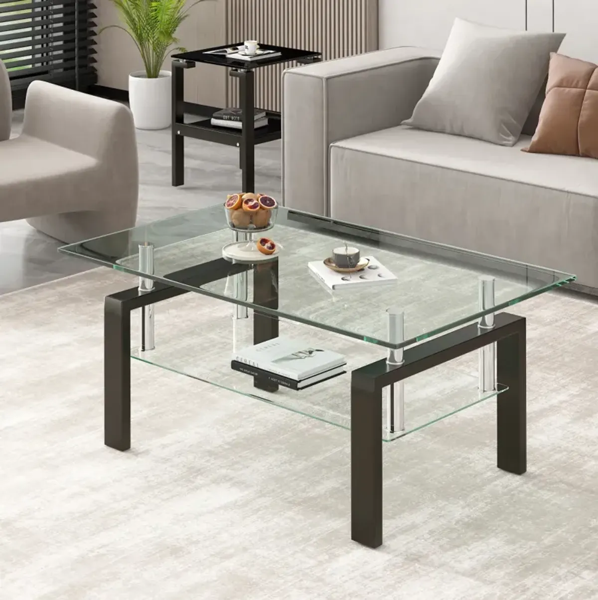 Tempered Clear Glass Coffee Table, 2-Layers Coffee Table Living Room Center Table