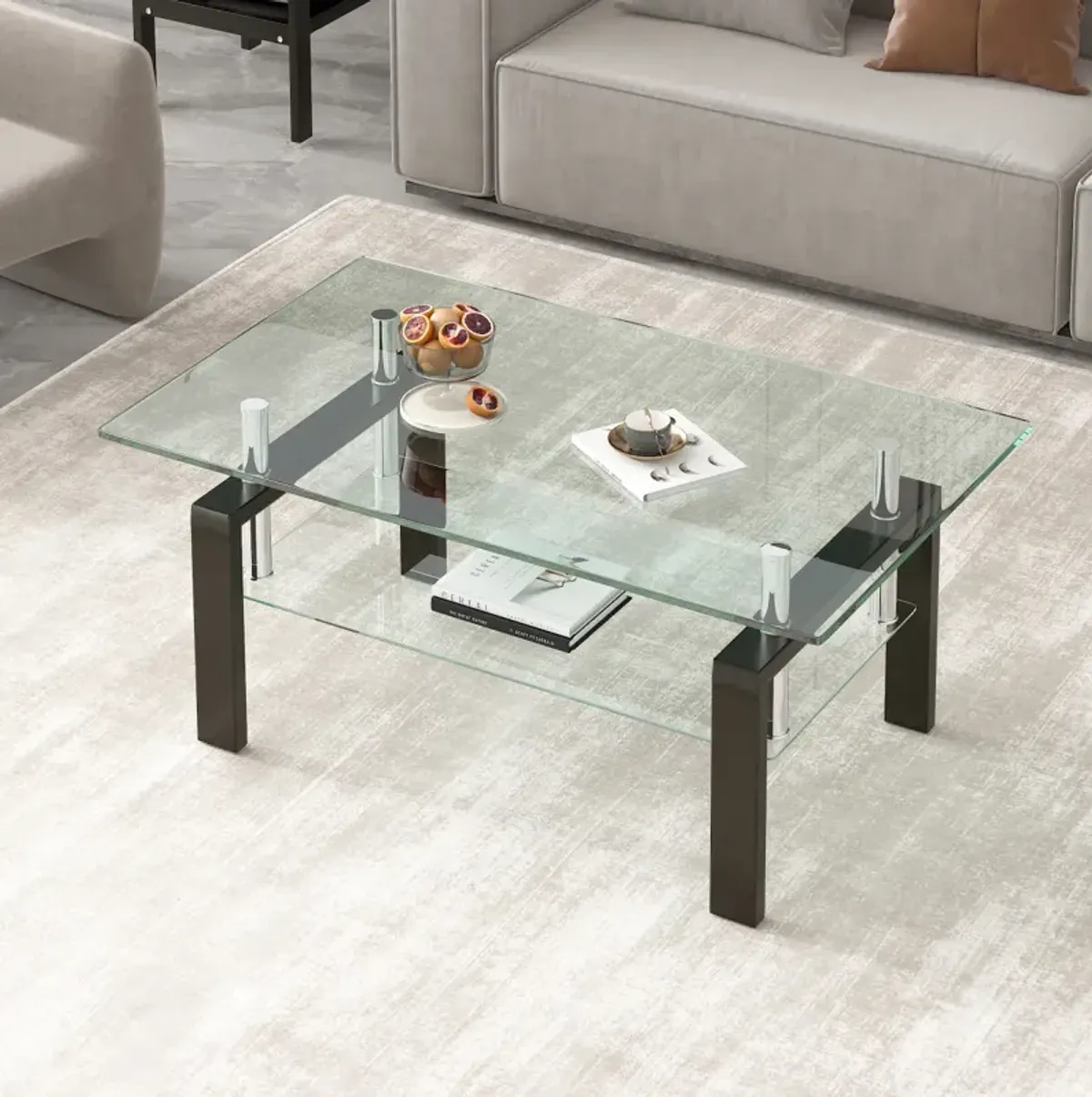 Tempered Clear Glass Coffee Table, 2-Layers Coffee Table Living Room Center Table