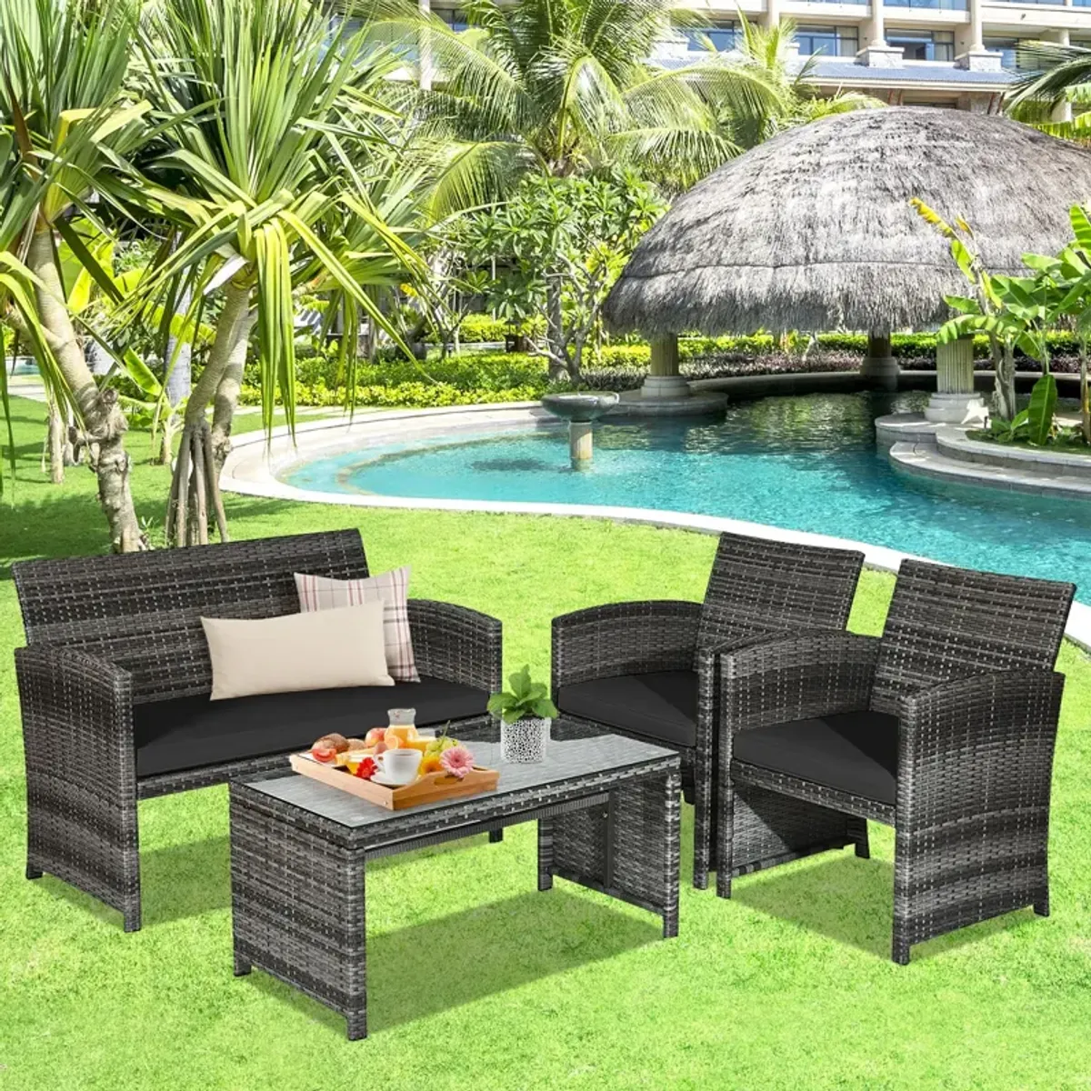 4 Pcs Patio Rattan Furniture Set Top Sofa With Glass Table