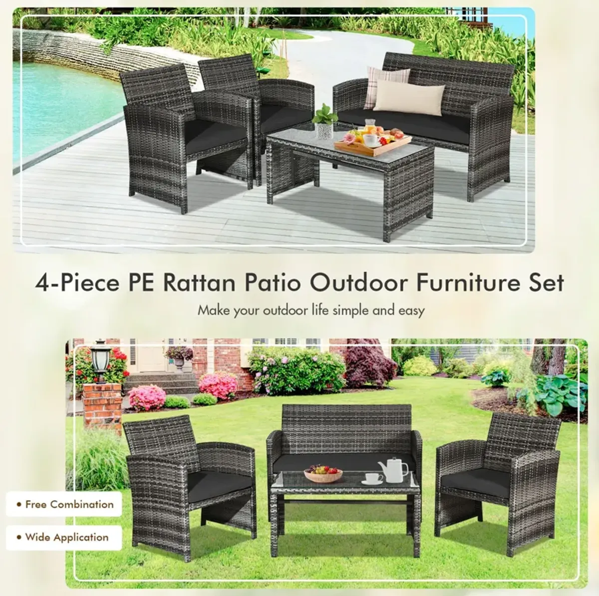 4 Pcs Patio Rattan Furniture Set Top Sofa With Glass Table