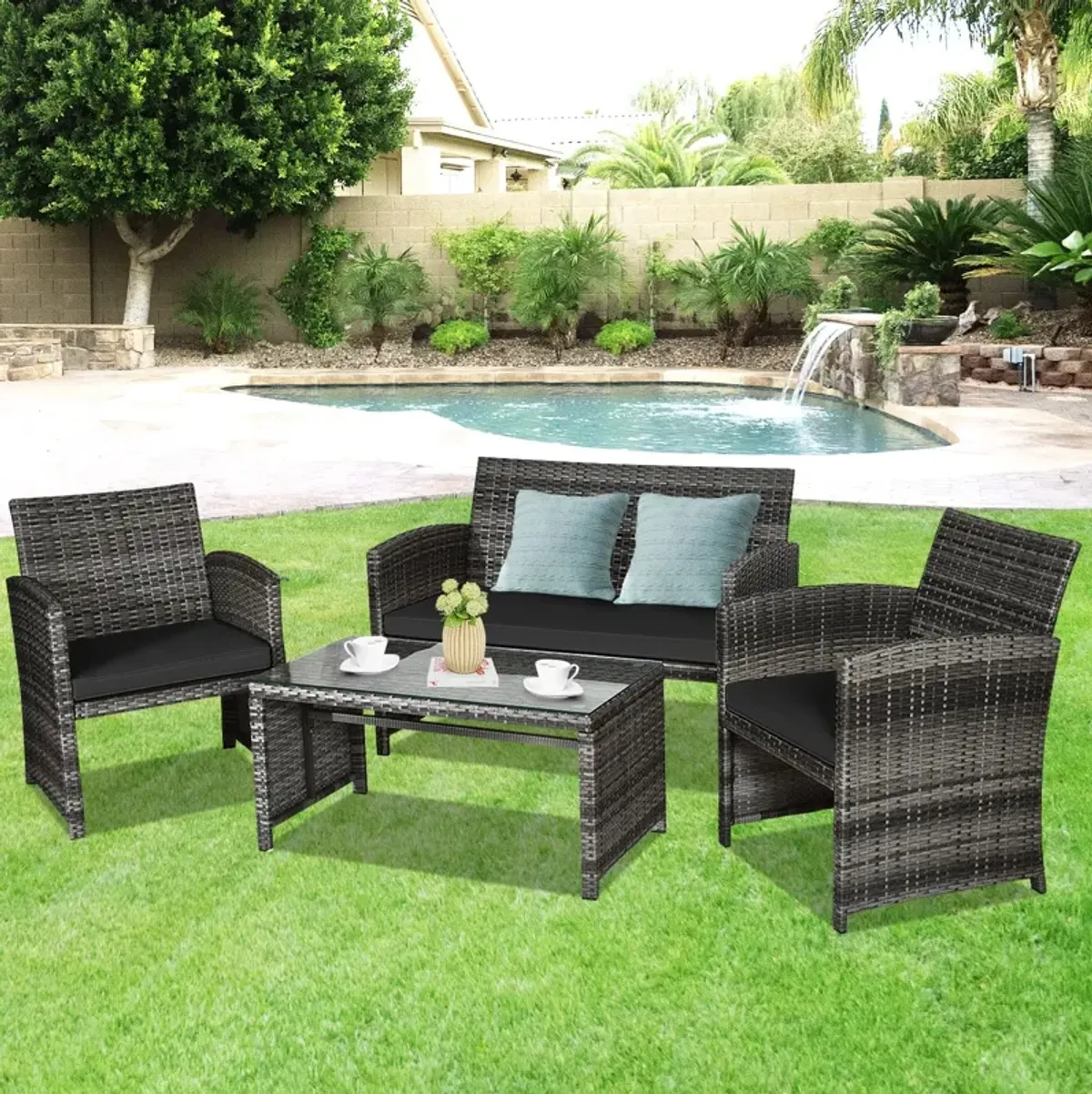 4 Pcs Patio Rattan Furniture Set Top Sofa With Glass Table