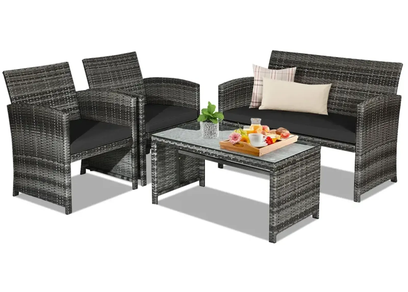 4 Pcs Patio Rattan Furniture Set Top Sofa With Glass Table