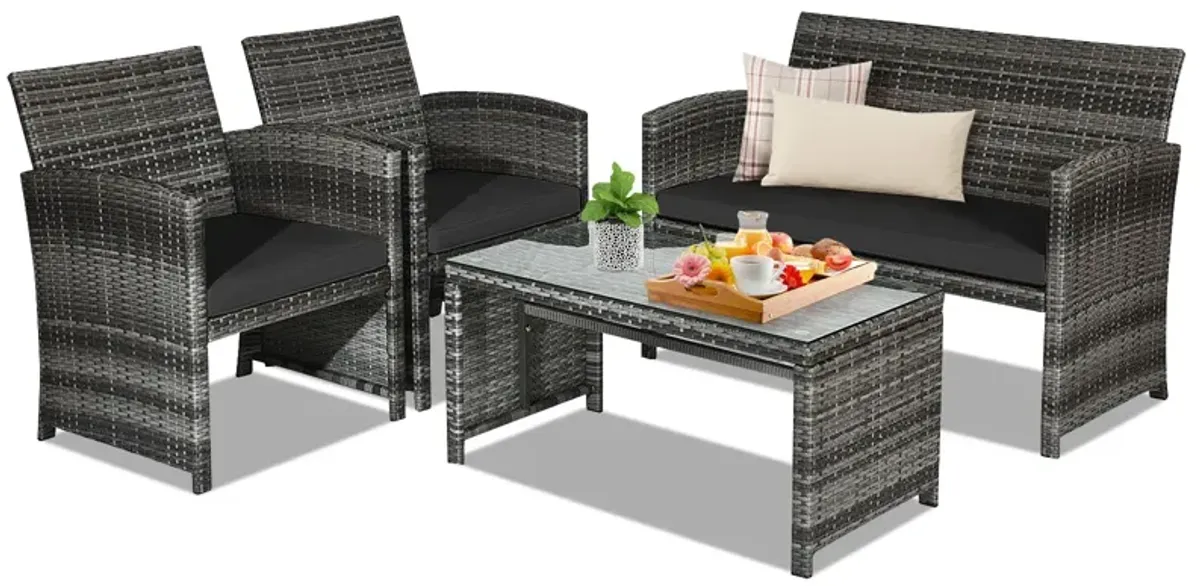 4 Pcs Patio Rattan Furniture Set Top Sofa With Glass Table