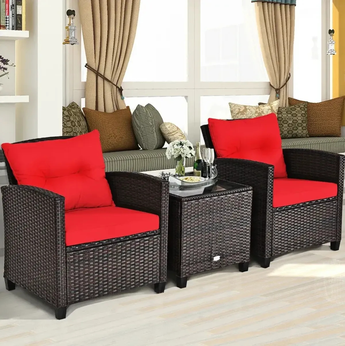 3 Pcs Patio Rattan Furniture Set Cushioned Conversation Set Coffee Table