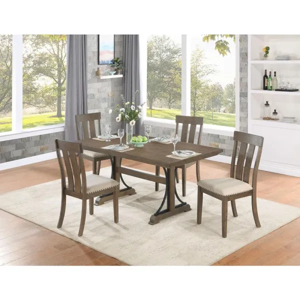 5 piece dining table set in brown oak color with 4 side chairs