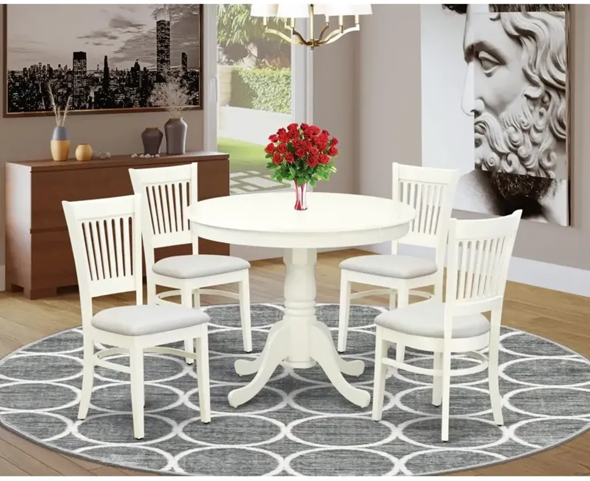 East West Furniture 5-Piece Dining Table Set- 4 dining room chairs and Wooden Dining Table - Linen Fabric Seat and Slatted Chair Back (Linen White Finish)