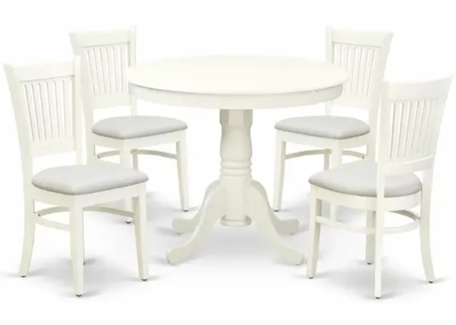 East West Furniture 5-Piece Dining Table Set- 4 dining room chairs and Wooden Dining Table - Linen Fabric Seat and Slatted Chair Back (Linen White Finish)