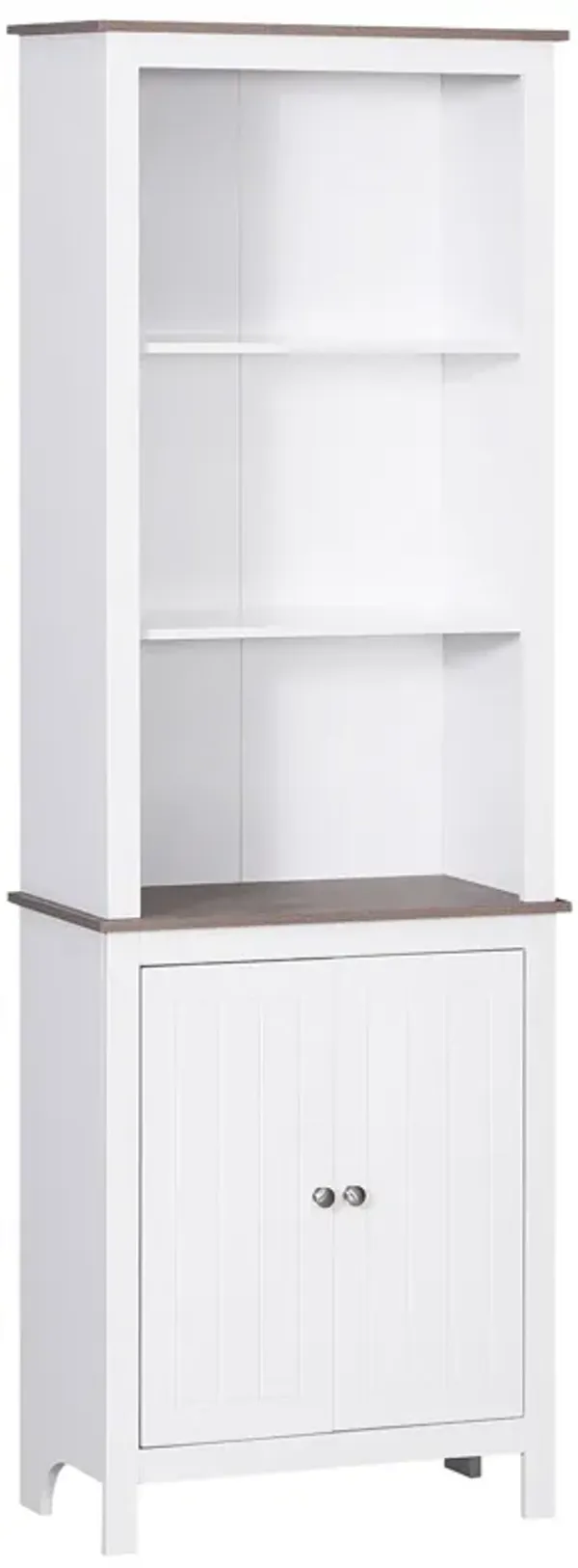 Slim White Storage: Space-Saving Bathroom Cabinet with Wood-Like Top