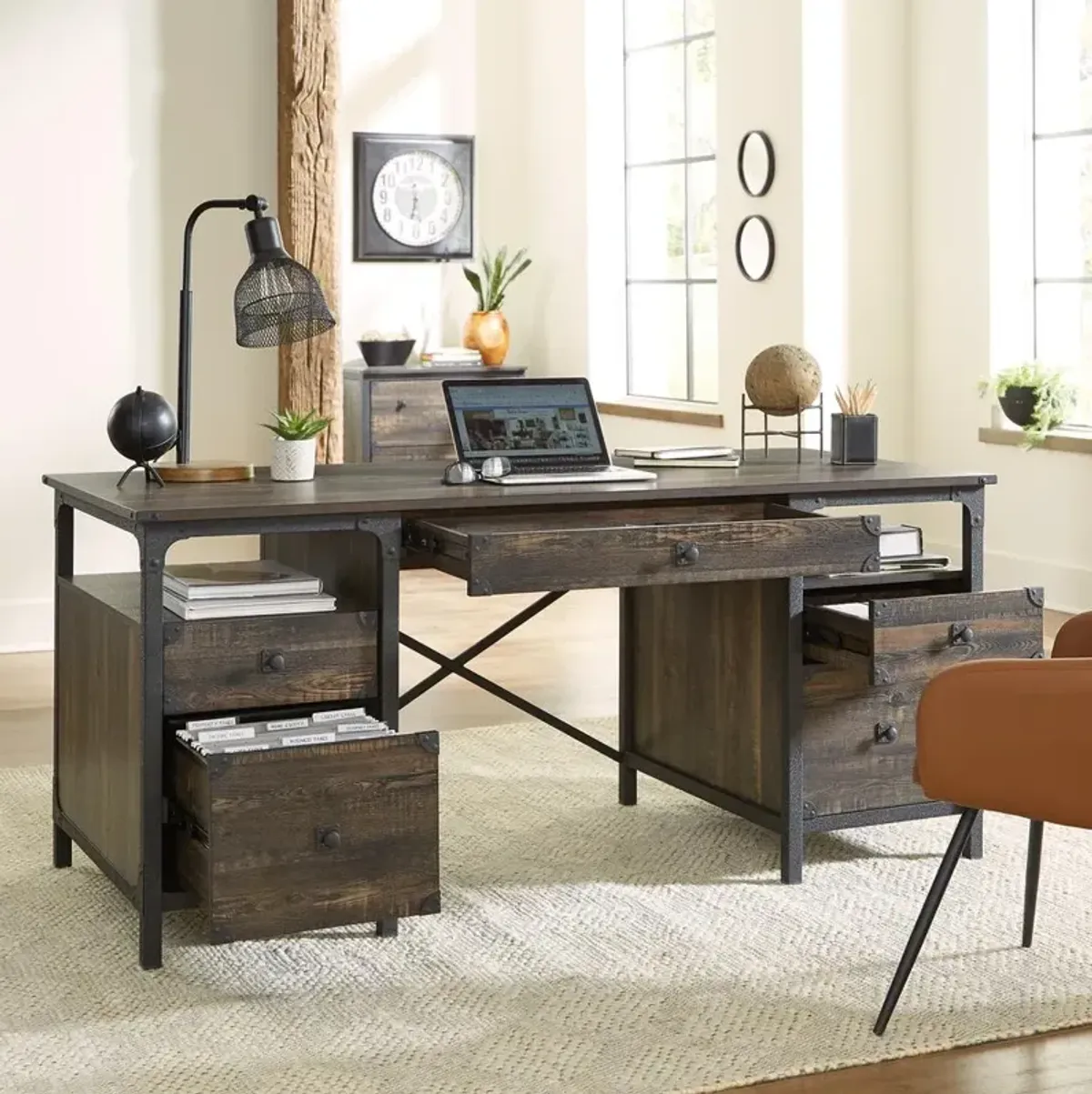 Sauder Steel River Dbl Ped Executive Desk Carbon Oak