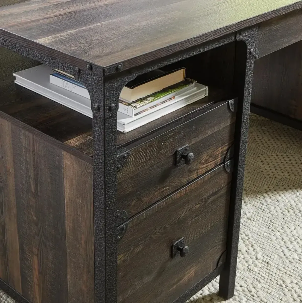 Sauder Steel River Dbl Ped Executive Desk Carbon Oak