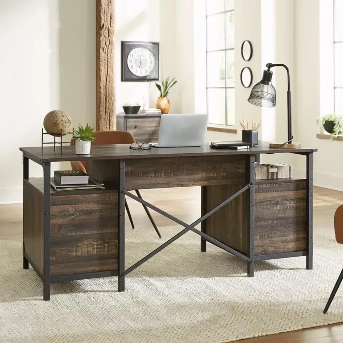 Sauder Steel River Dbl Ped Executive Desk Carbon Oak