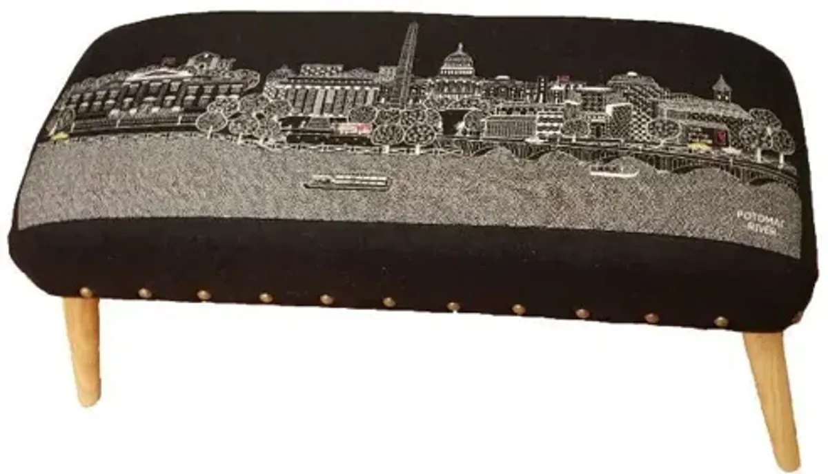 38" Black Washington DC Nighttime Skyline Embroidered Ottoman