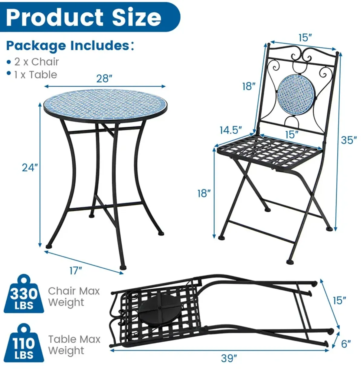 3 Pieces Patio Bistro Set Outdoor Furniture Mosaic Table Chairs