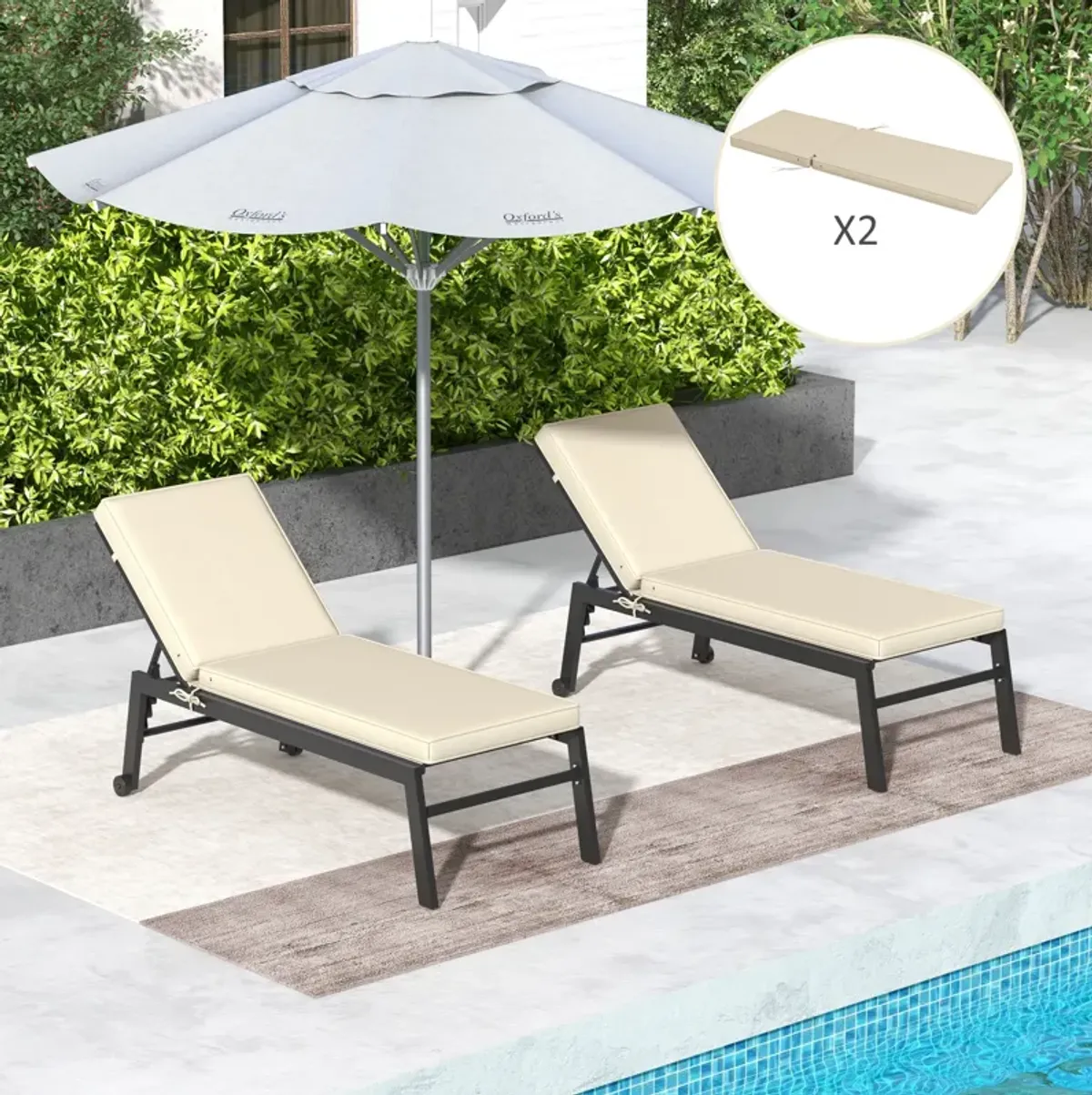 Outsunny 2 Patio Chaise Lounge Chair Cushions with Backrests, Replacement Patio Cushions with Ties for Outdoor Poolside Lounge Chair, Beige