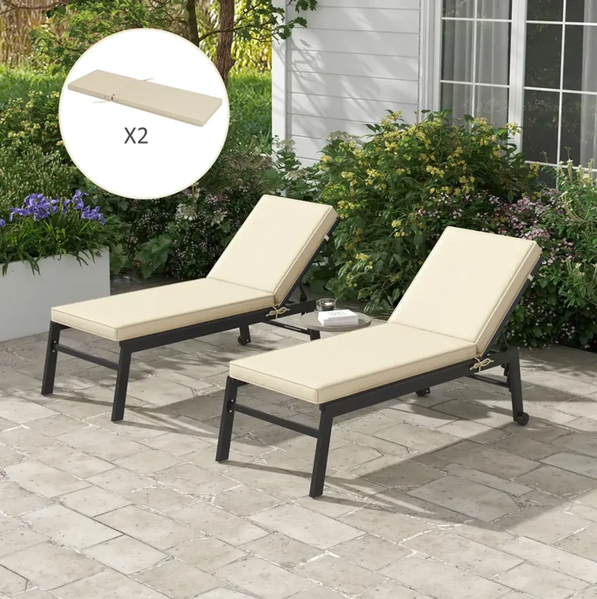 Outsunny 2 Patio Chaise Lounge Chair Cushions with Backrests, Replacement Patio Cushions with Ties for Outdoor Poolside Lounge Chair, Beige