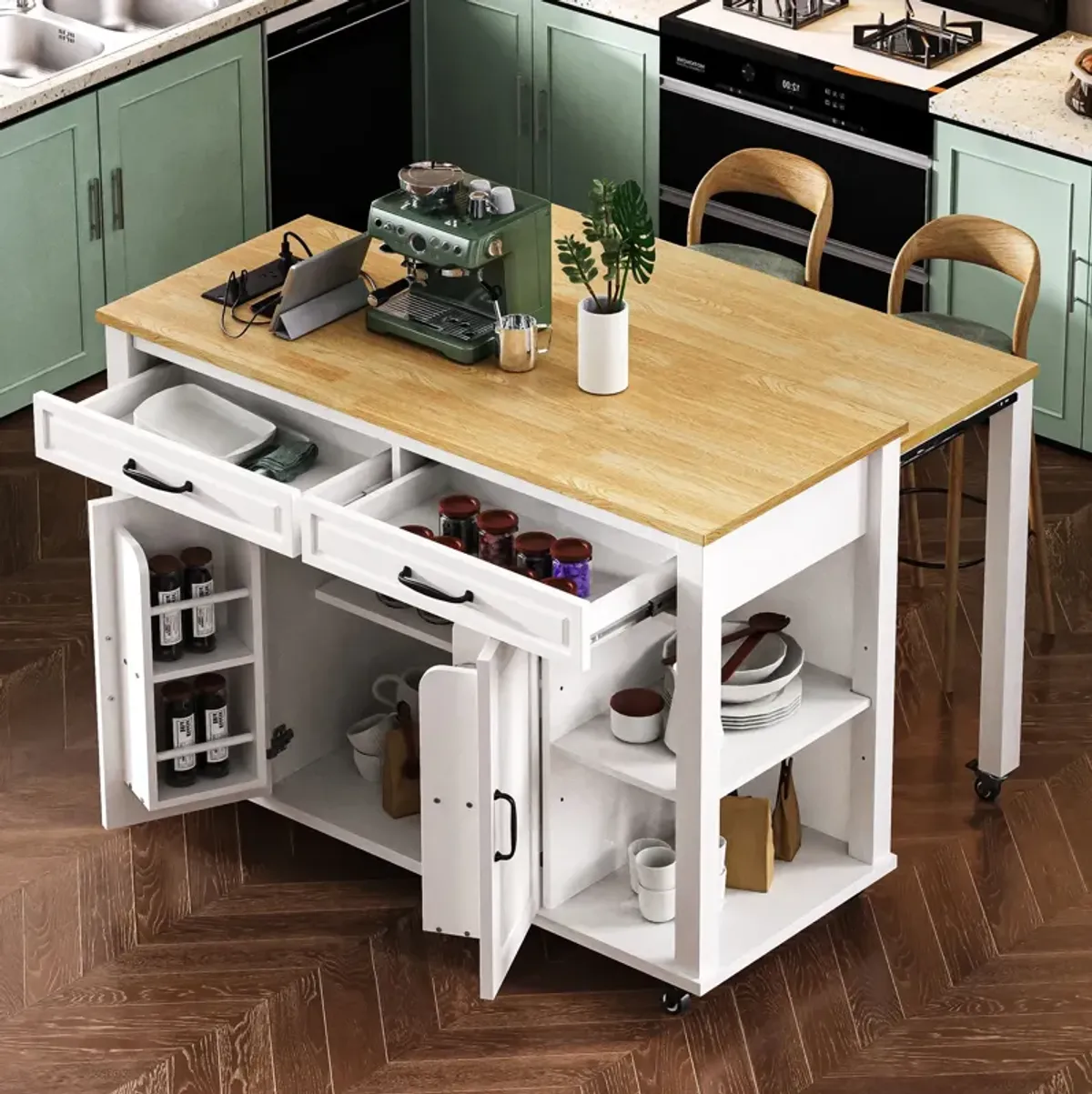 Whisen 47" Kitchen Island with Extendable Dining Table, Rubber Wood Veneer Kitchen Table with Storage Rack and Power Outlet - Gray