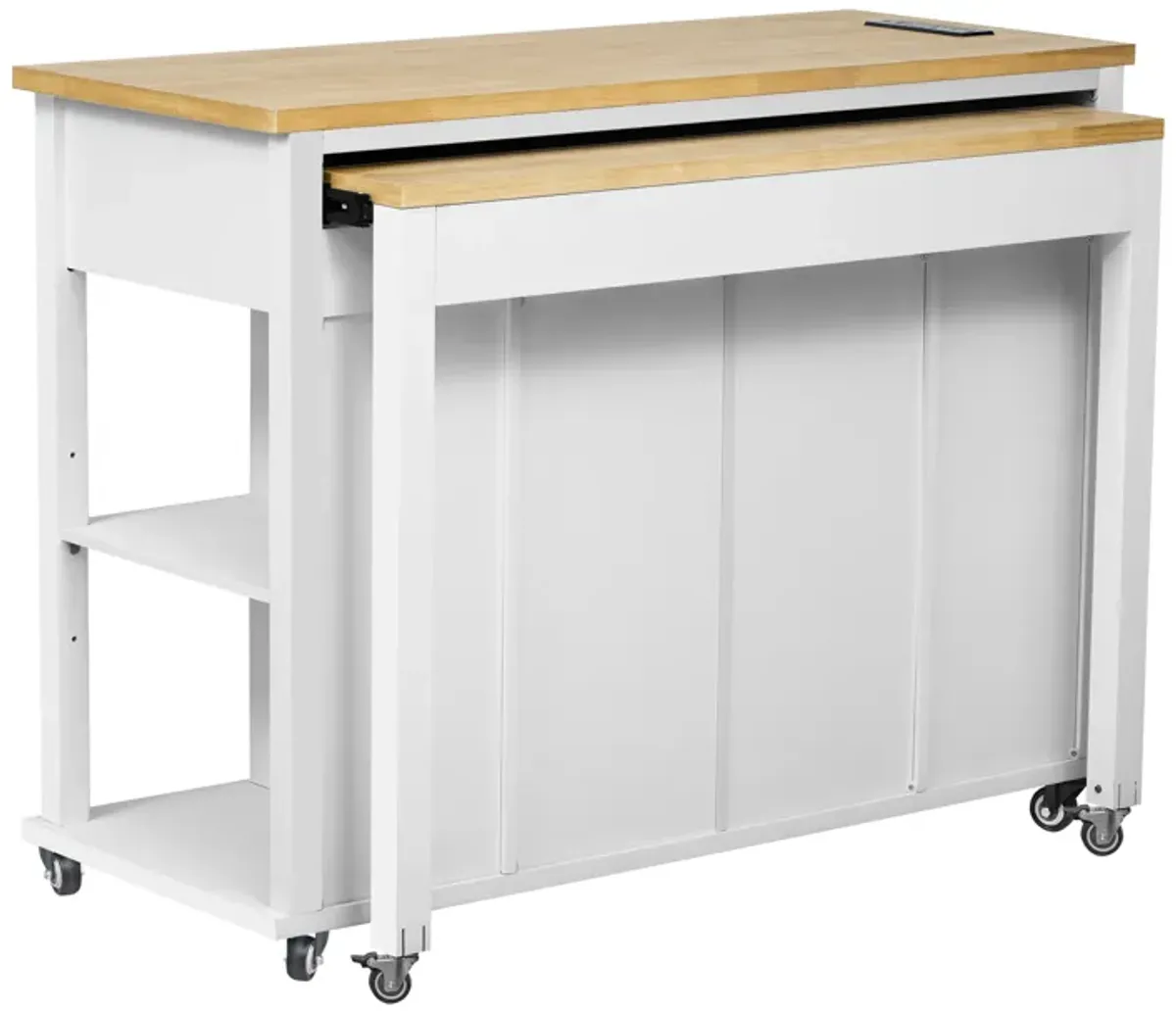Whisen 47" Kitchen Island with Extendable Dining Table, Rubber Wood Veneer Kitchen Table with Storage Rack and Power Outlet - Gray