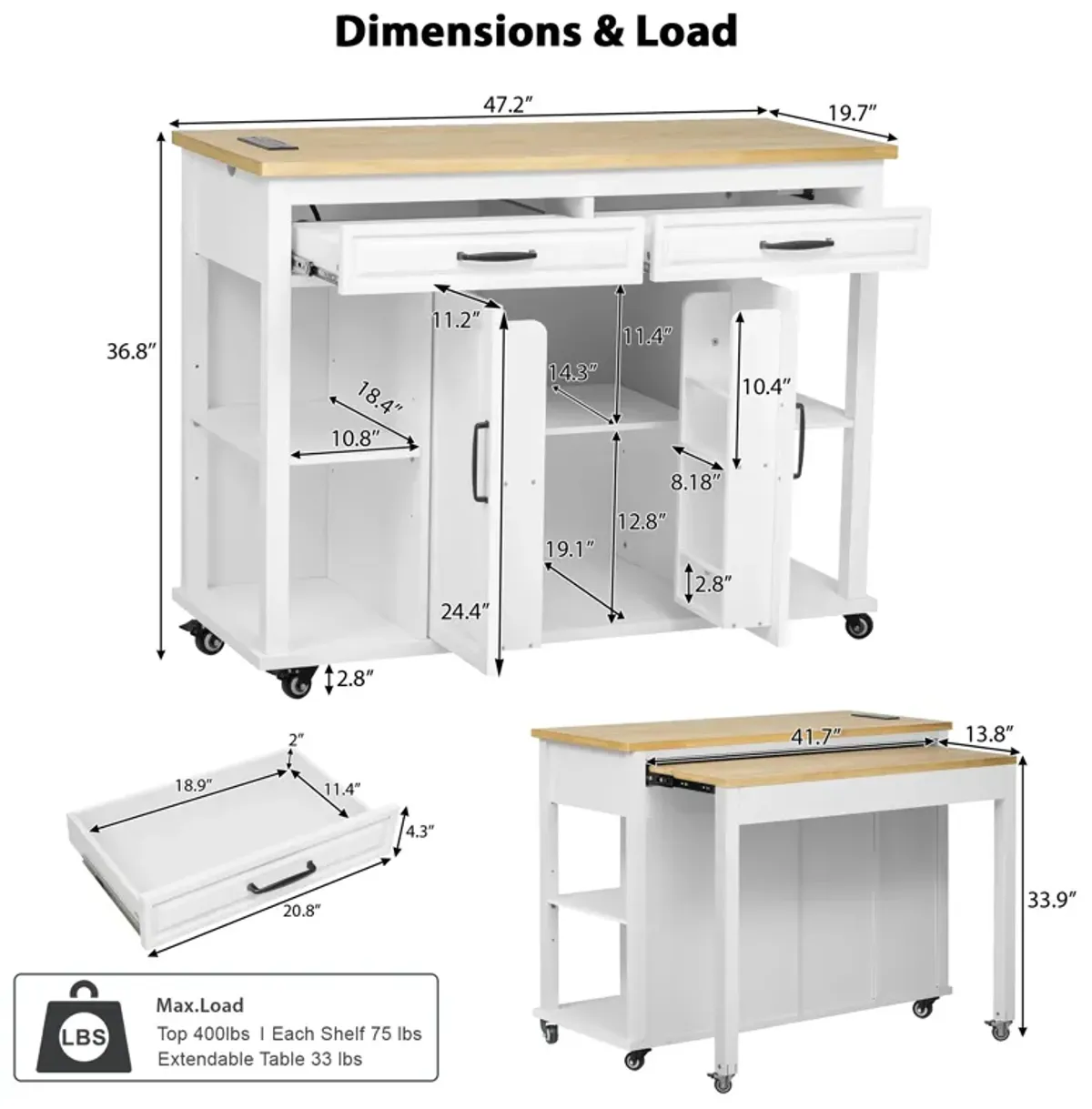 Whisen 47" Kitchen Island with Extendable Dining Table, Rubber Wood Veneer Kitchen Table with Storage Rack and Power Outlet - Gray