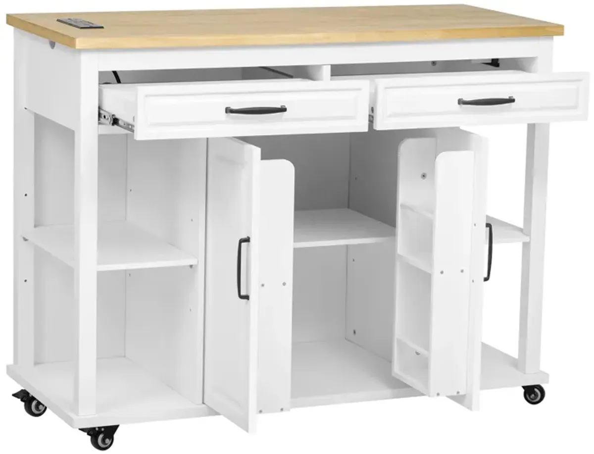 Whisen 47" Kitchen Island with Extendable Dining Table, Rubber Wood Veneer Kitchen Table with Storage Rack and Power Outlet - Gray