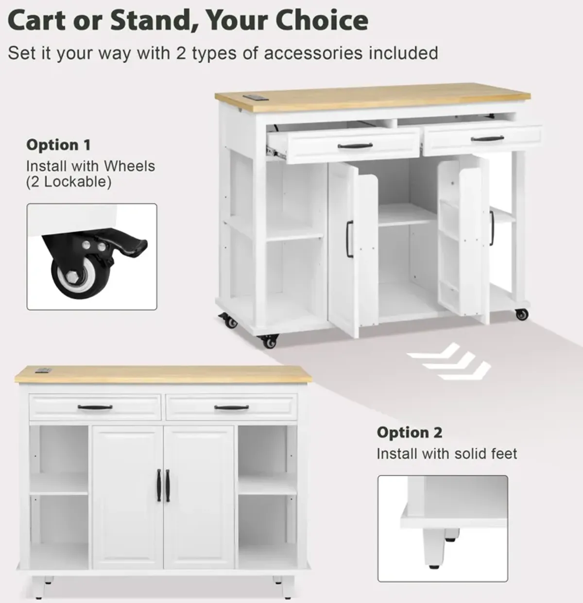 Whisen 47" Kitchen Island with Extendable Dining Table, Rubber Wood Veneer Kitchen Table with Storage Rack and Power Outlet - Gray
