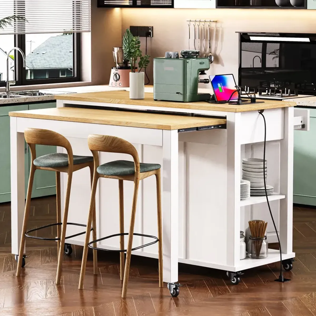 Whisen 47" Kitchen Island with Extendable Dining Table, Rubber Wood Veneer Kitchen Table with Storage Rack and Power Outlet - Gray