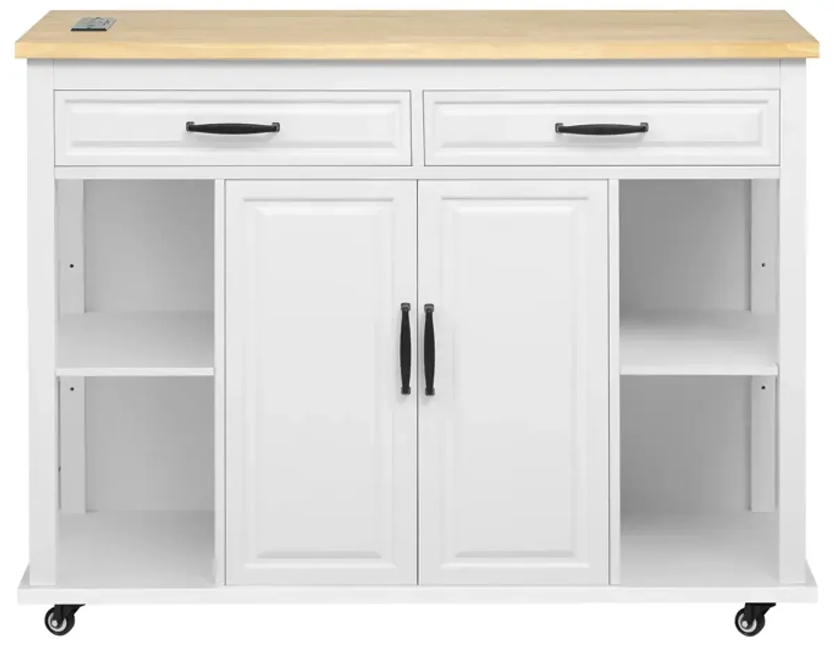 Whisen 47" Kitchen Island with Extendable Dining Table, Rubber Wood Veneer Kitchen Table with Storage Rack and Power Outlet - Gray