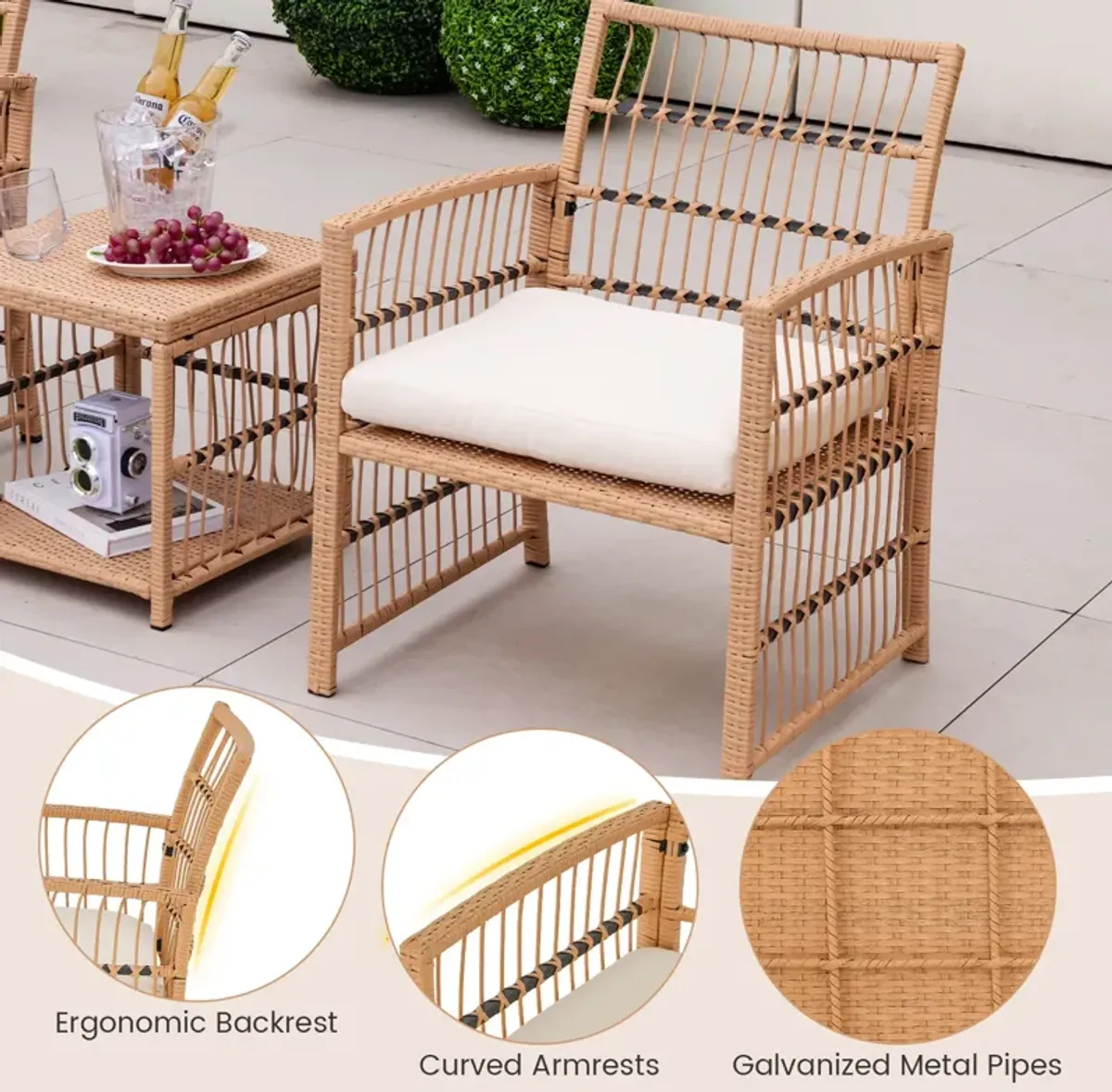 5 Piece Patio Wicker Sofa Set with Seat and Back Cushions-Natural