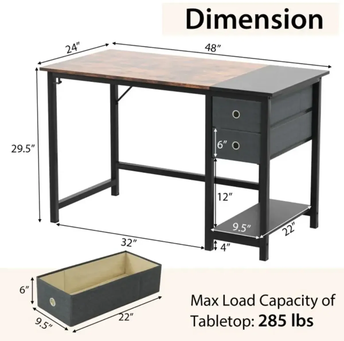 Hivvago 48/55-Inch Home Office Desk with 2 Drawers Hanging Hook