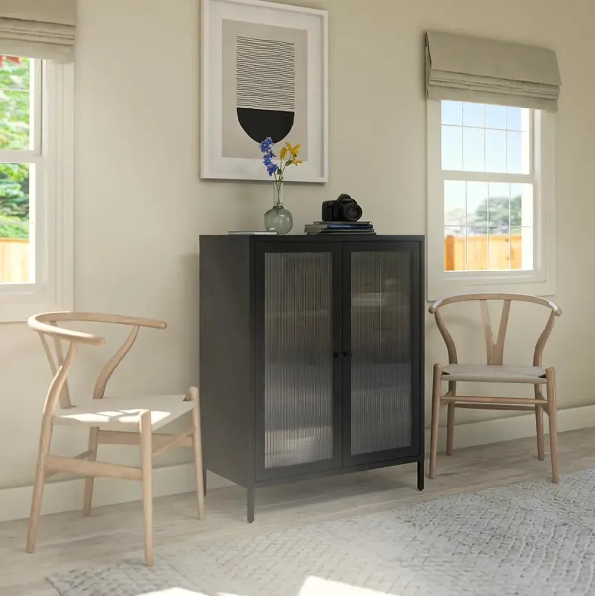 Shadwick 2 Door Storage Cabinet-Fluted Glass Metal Locker
