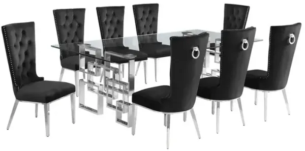 9-piece glam dining set with 8 black chairs and a 95" long glass  table