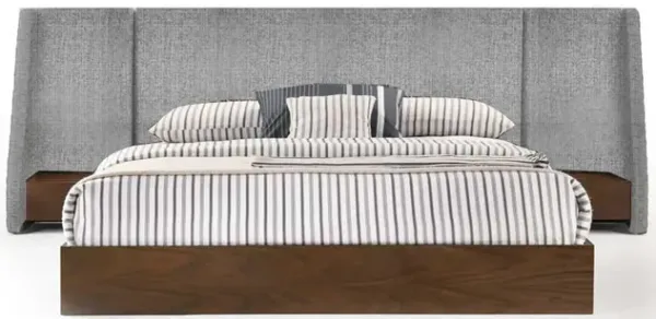 Nie Queen Bed, Gray Upholstered Wide Wall Headboard, Walnut Brown Wood - Benzara