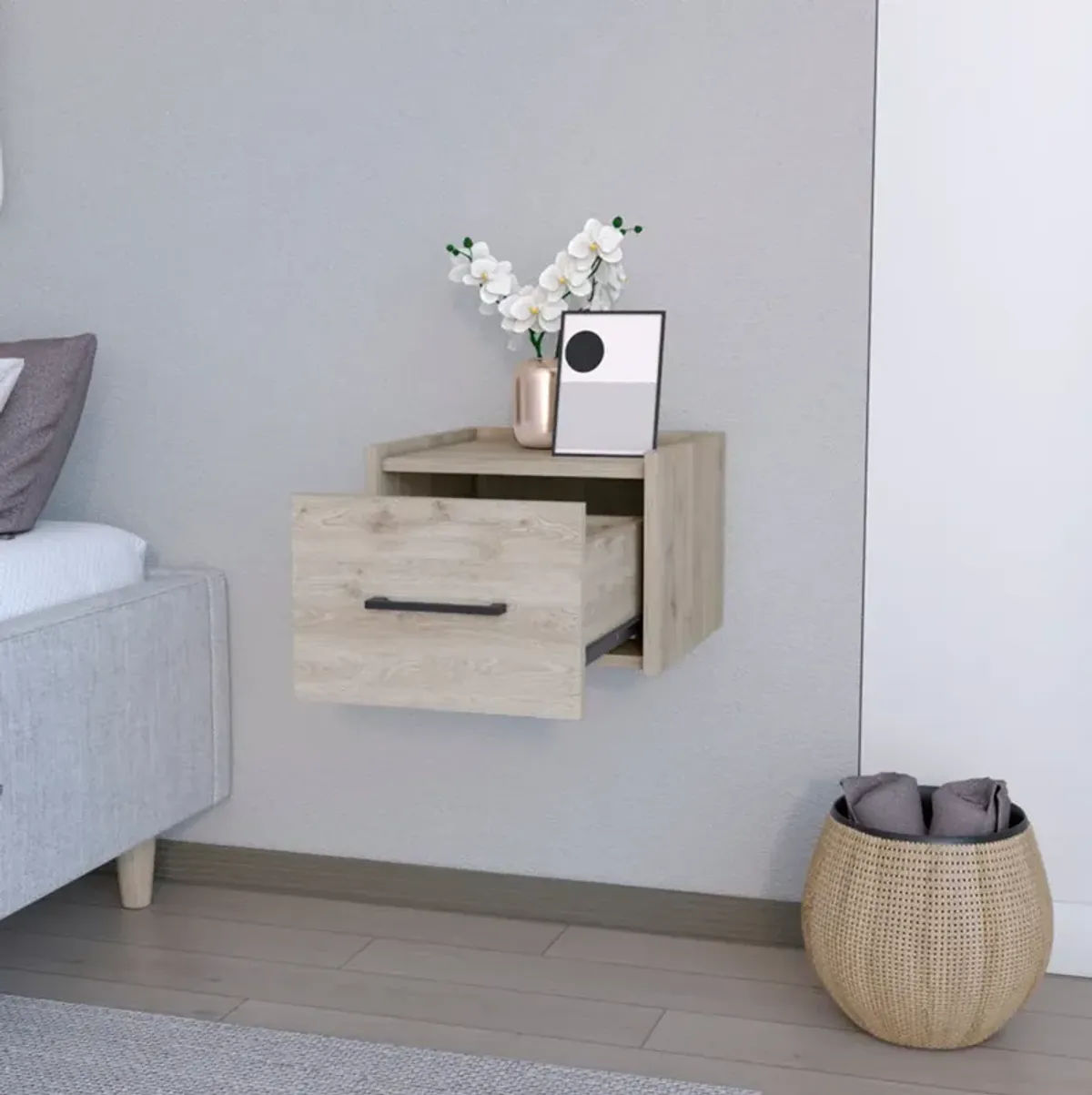 Floating Nightstand Calion, Bedroom, Light Gray