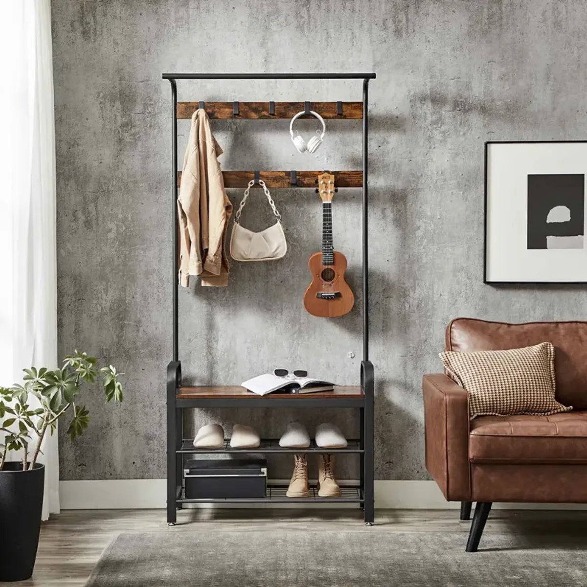 Coat Rack Shoe Bench with Wood, Look Accent and Metal Frame