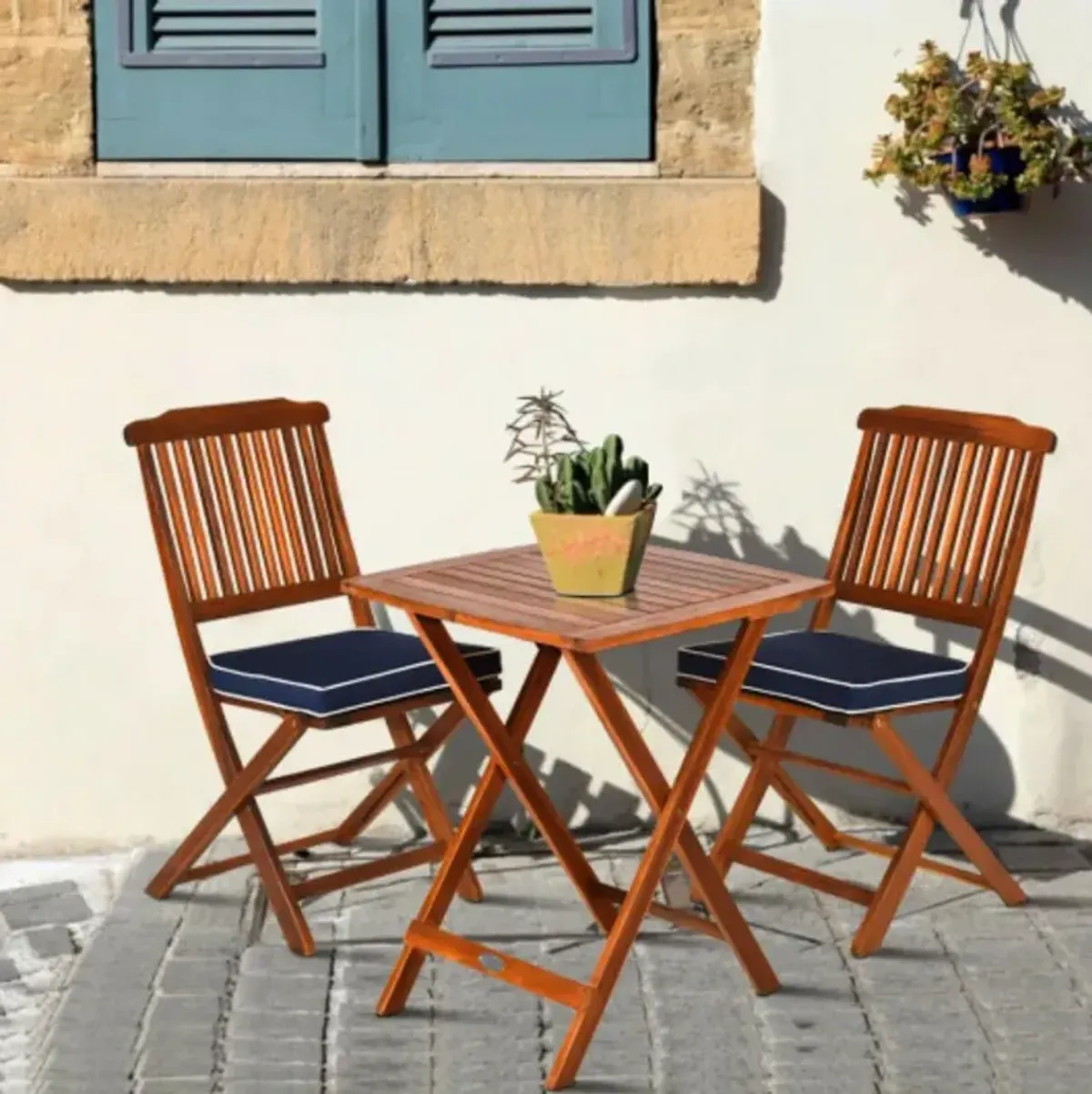 3 Pcs Patio Bistro Set Wood Folding Table Set Garden Yard