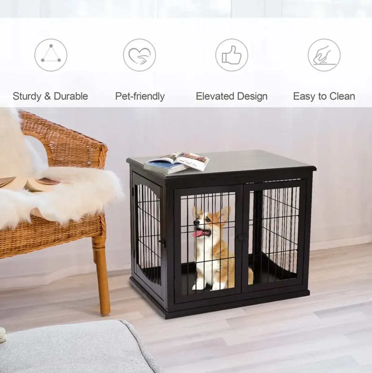 Coffee-Colored Pet Furniture: Wooden Dog Crate End Table, Two Openings