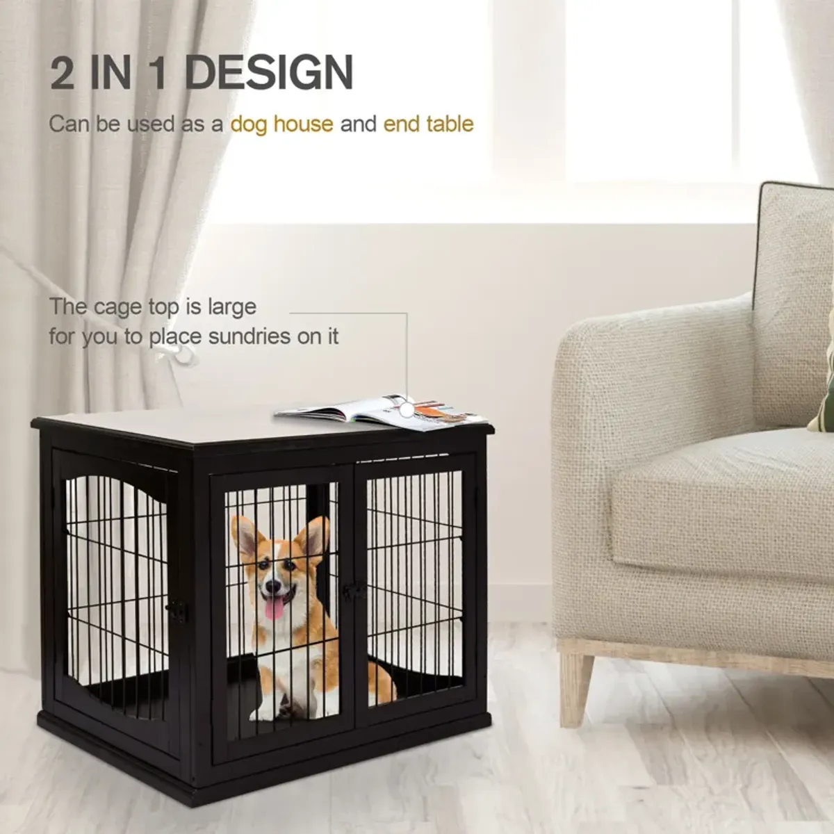 Coffee-Colored Pet Furniture: Wooden Dog Crate End Table, Two Openings