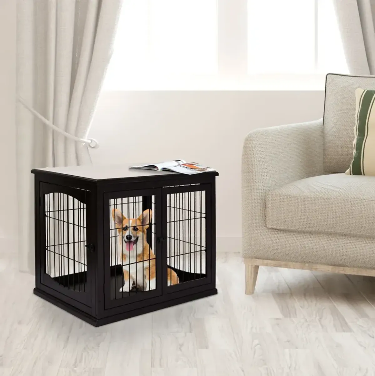 Coffee-Colored Pet Furniture: Wooden Dog Crate End Table, Two Openings