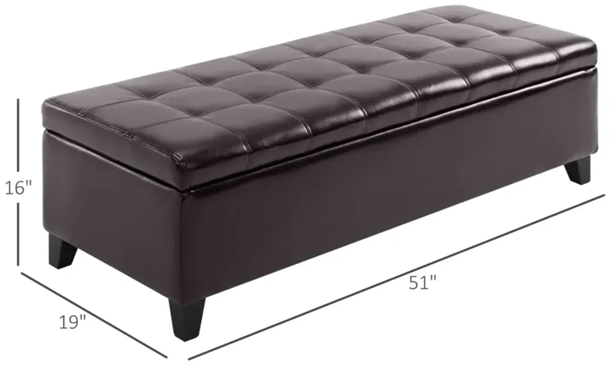 Luxe Dark Storage: 51" Brown Faux Leather Tufted Ottoman Bench