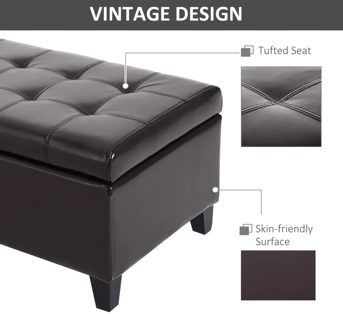 Luxe Dark Storage: 51" Brown Faux Leather Tufted Ottoman Bench