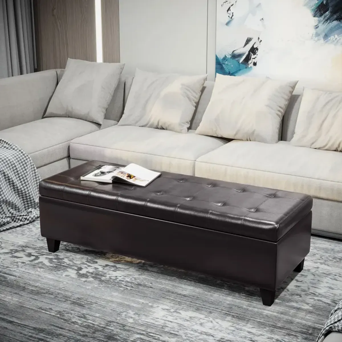 Luxe Dark Storage: 51" Brown Faux Leather Tufted Ottoman Bench