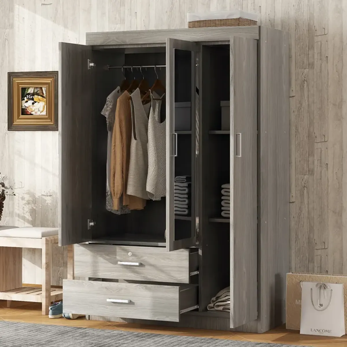 Merax 3-Door Mirror Wardrobe with Shelves