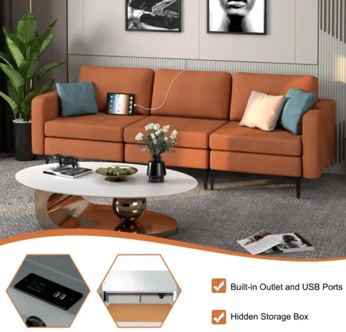 Hivvago Convertible Leather Sofa Couch with Magazine Pockets 3-Seat with 2 USB Port