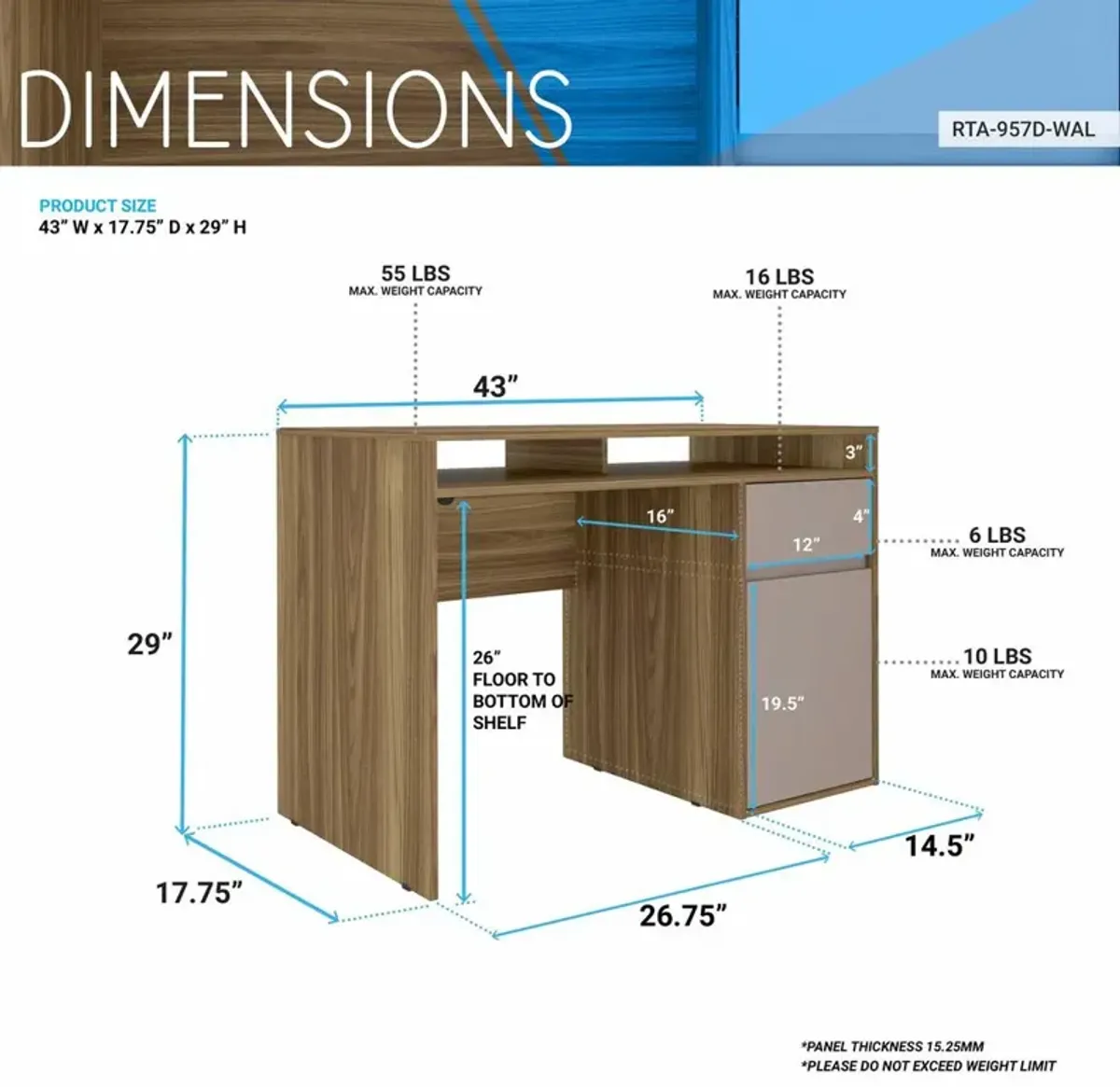 Techni Mobili Home Office Workstation with Storage, Walnut