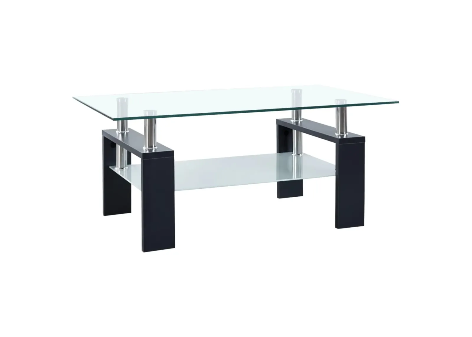 vidaXL Tempered Glass Coffee Table with Melamine Legs, Modern 2-Tier Design, Easy to Clean, Black and Transparent, 37.4"x21.7"x15.7"