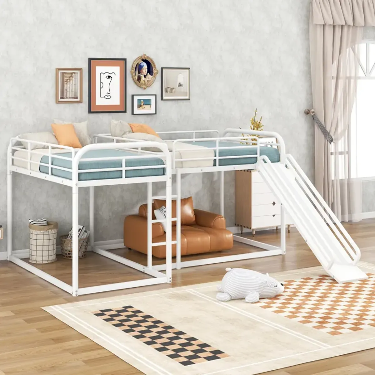 Quad L-Shaped Bunk Bed with Slide