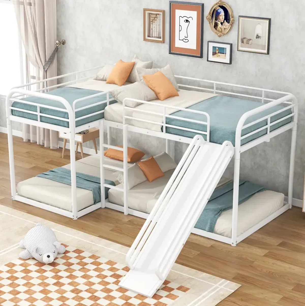 Quad L-Shaped Bunk Bed with Slide