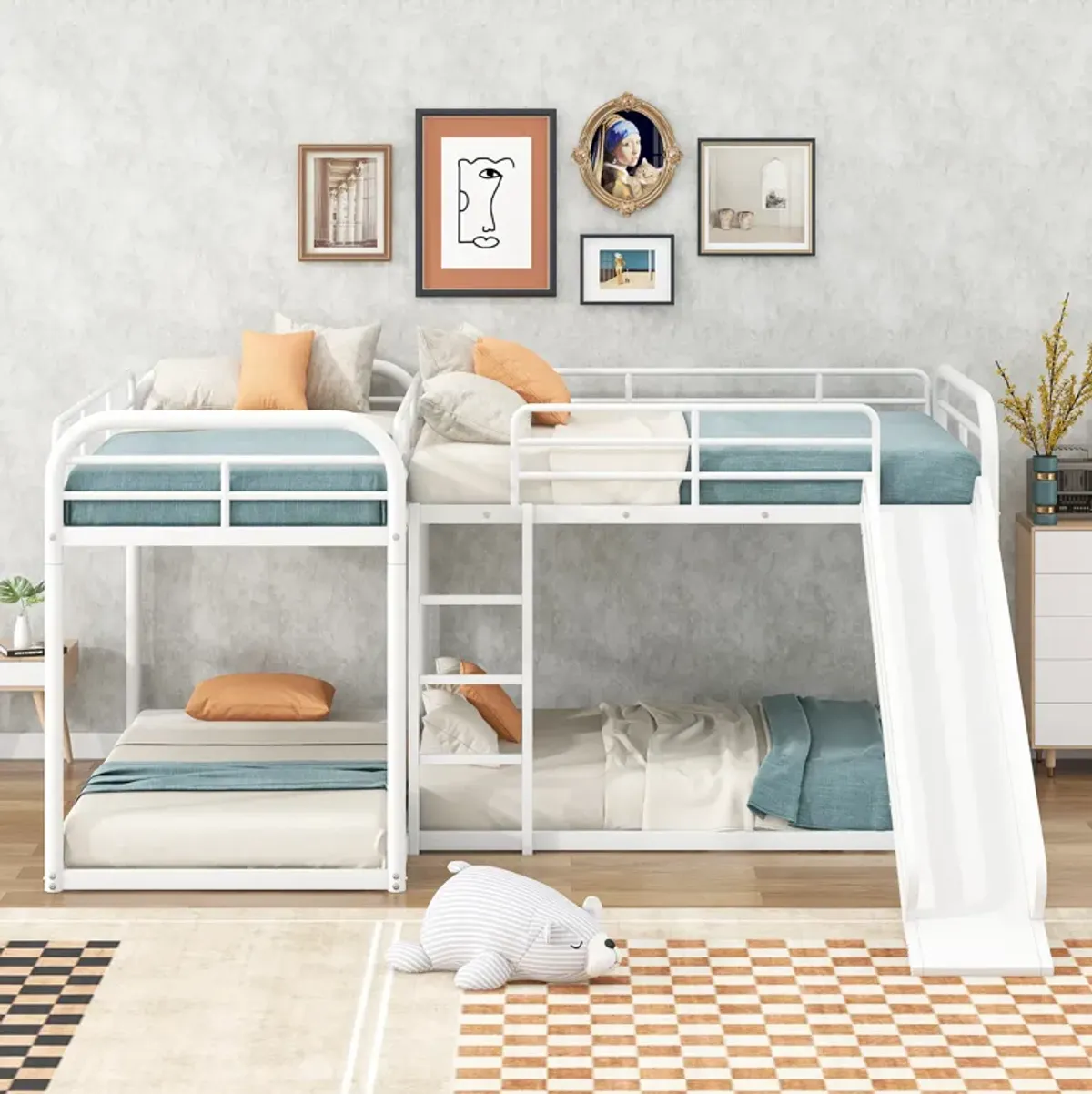 Quad L-Shaped Bunk Bed with Slide