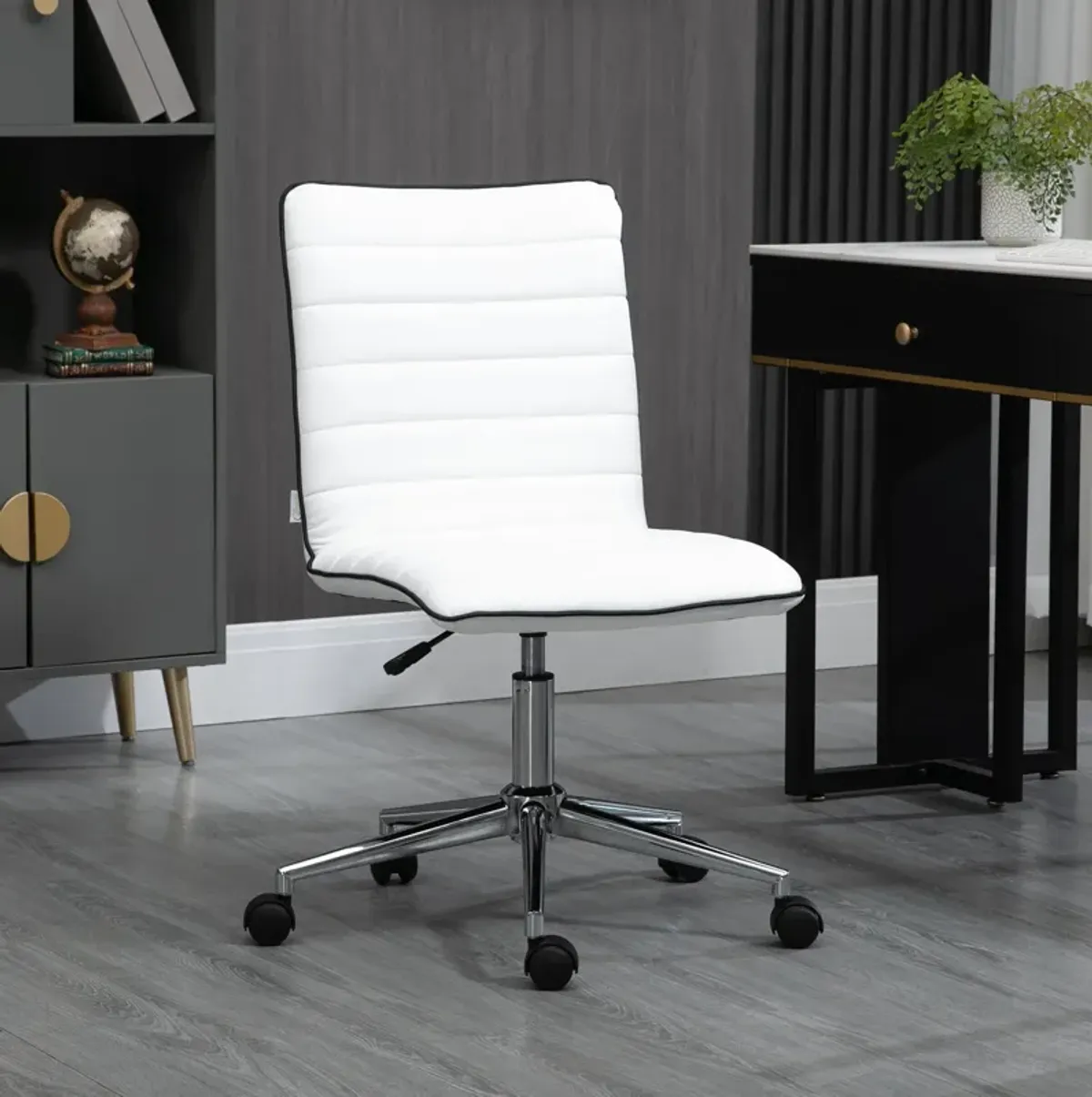 White Office Swivel: Designer Armless Task Chair with Ribbed Leather