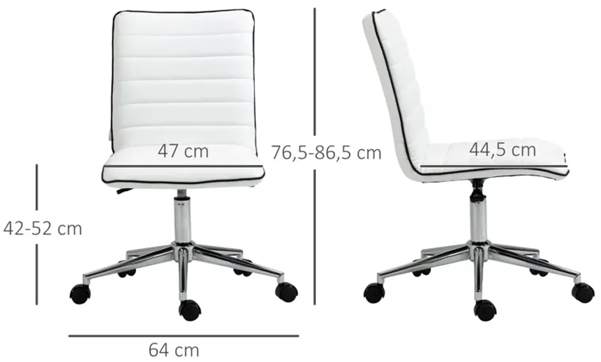 White Office Swivel: Designer Armless Task Chair with Ribbed Leather