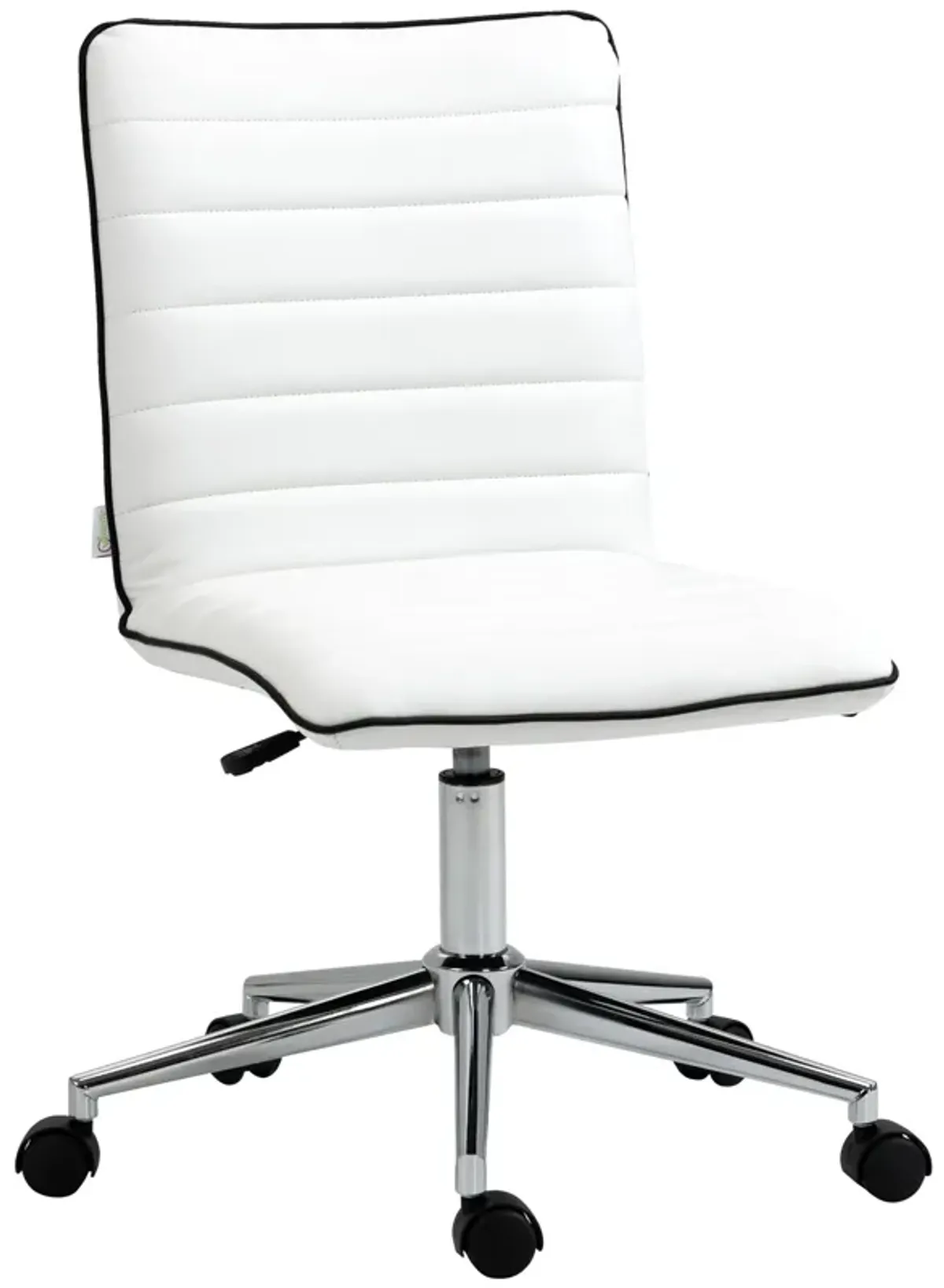 White Office Swivel: Designer Armless Task Chair with Ribbed Leather